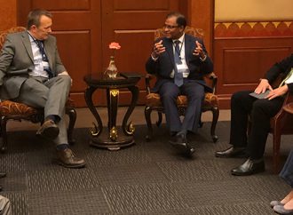 Mr. Senarath Bandara, APRACA Chairman and CEO, Bank of Ceylon and other APRACA EXCOM members discussing areas of cooperation with Mr. Nigel Brett, Director IFAD.