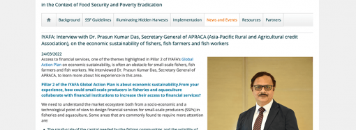 Interview of Dr. Prasun Kumar Das, Secretary General of APRACA (Asia-Pacific Rural and Agricultural credit Association), on the economic sustainability of fishers, fish farmers and fish workers with FAO.
