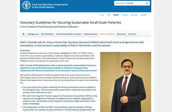 Interview of Dr. Prasun Kumar Das, Secretary General of APRACA (Asia-Pacific Rural and Agricultural credit Association), on the economic sustainability of fishers, fish farmers and fish workers with FAO.